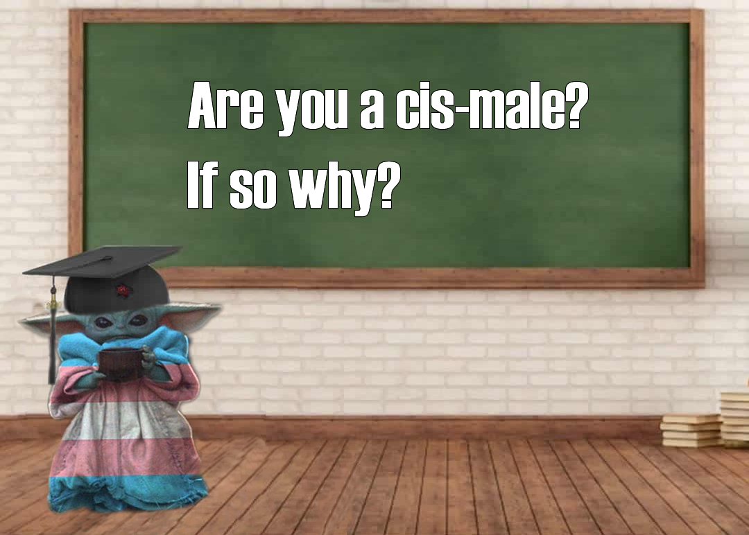 The meme features a character from the Star Wars franchise, Baby Yoda, sitting in a classroom. The character is dressed in a graduation cap and gown, and a sign on the board behind it reads "Are you a cis-male? If so, why?" The text is a playful and sarcastic question, implying that the character's presence in a classroom is unusual or unexpected.
